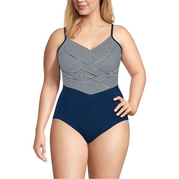 Land's End Plus Size pleated striped slender suit deep sea navy mini stripes Var - Picture 4 of 6